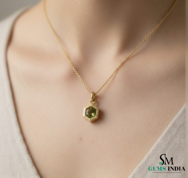 Round shape Natural Peridot Hexagon Cut Pendant in 14k Gold and 18k Gold