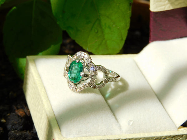 Oval Raw Emerald And Diamond Anniversary Ring / Wedding Ring For Womens / May Birthstone Ring/ Mother's Day Gift