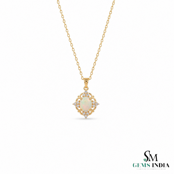 Natural Oval Opal and Diamond Pendant – Romantic Jewelry Gift For Her