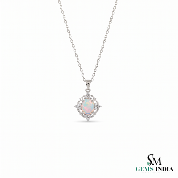 Natural Oval Opal and Diamond Pendant – Romantic Jewelry Gift For Her