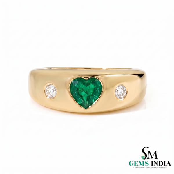 Heart Shape Emerald and Diamond Ring - Bold Signet Style Band