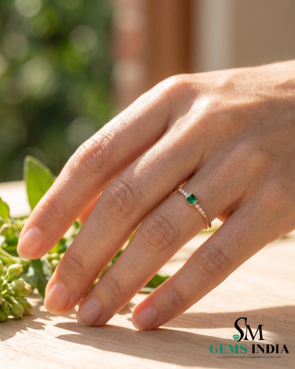 Octagon Cut Emerald Bezel Set Ring with Diamond Accent Band