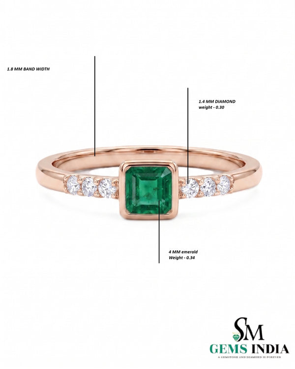 Octagon Cut Emerald Bezel Set Ring with Diamond Accent Band
