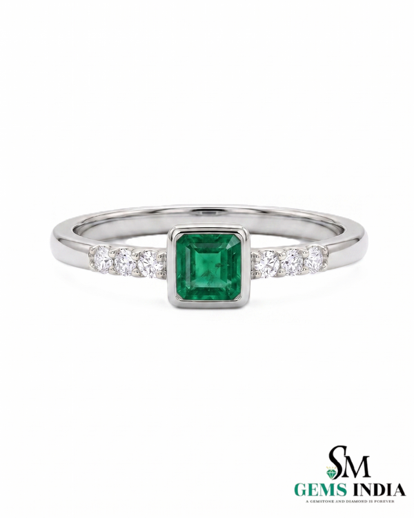 Octagon Cut Emerald Bezel Set Ring with Diamond Accent Band