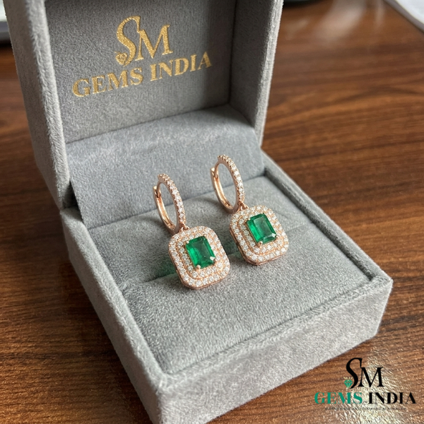 Emerald Cut Emerald & Diamond Halo Drop Earrings - Gift For Her