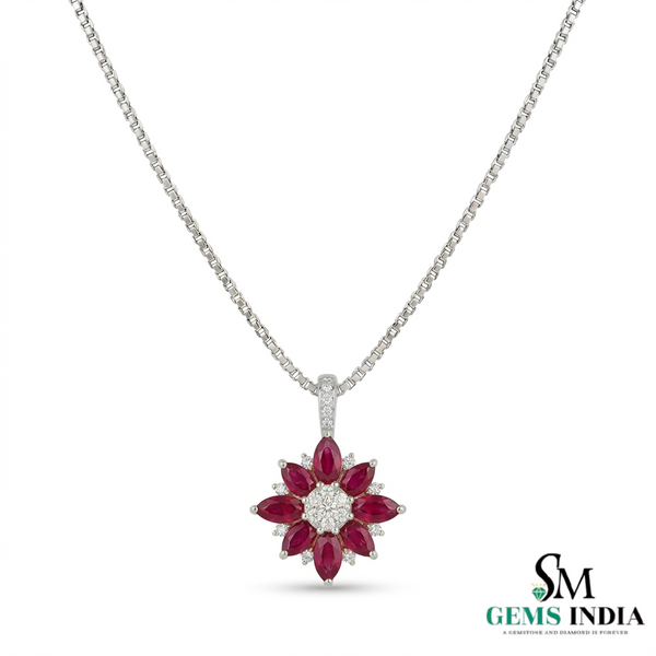 Marquise Ruby Floral Cluster Diamond Pendant Necklace - Fine Jewelry Necklace