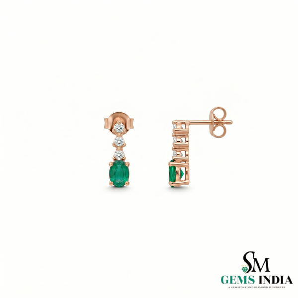 Oval Shape Natural Emerald and Diamond Stud Earrings - Fine Jewelry Gift for Her