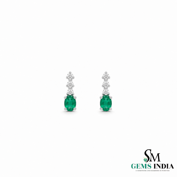 Oval Shape Natural Emerald and Diamond Stud Earrings - Fine Jewelry Gift for Her