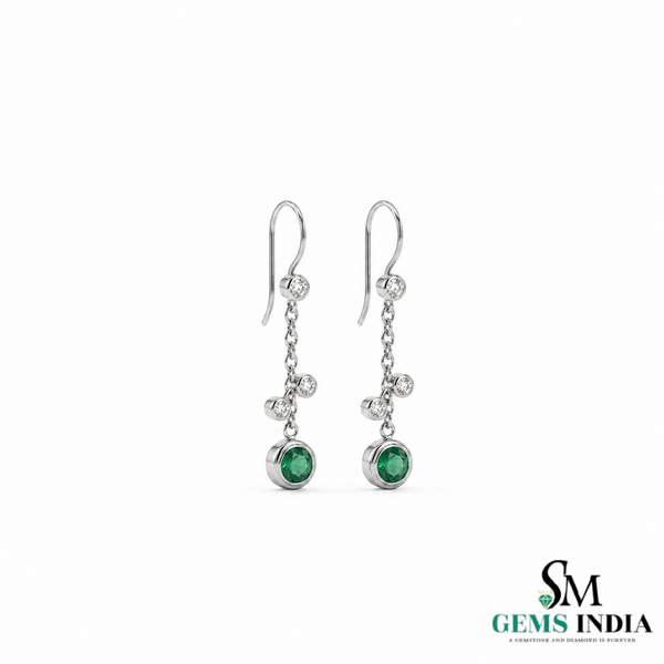 Round Natural Emerald &amp; Diamond Drop Earrings - Gift for Women