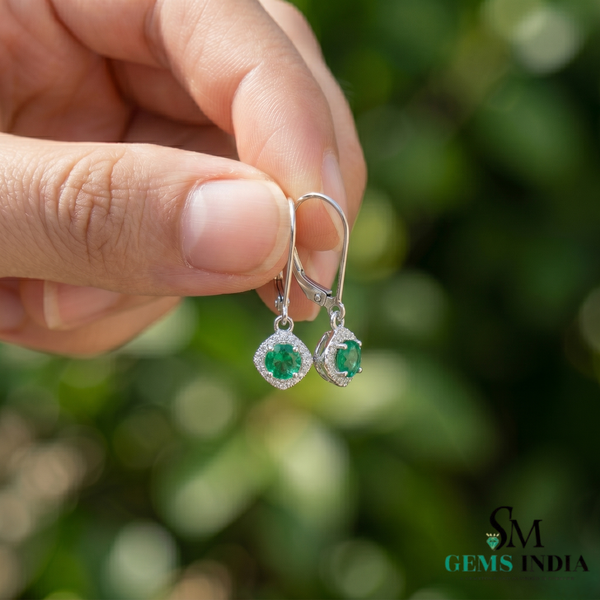 Natural Emerald & Diamond Drop Earrings - Round Halo Dangle Earrings