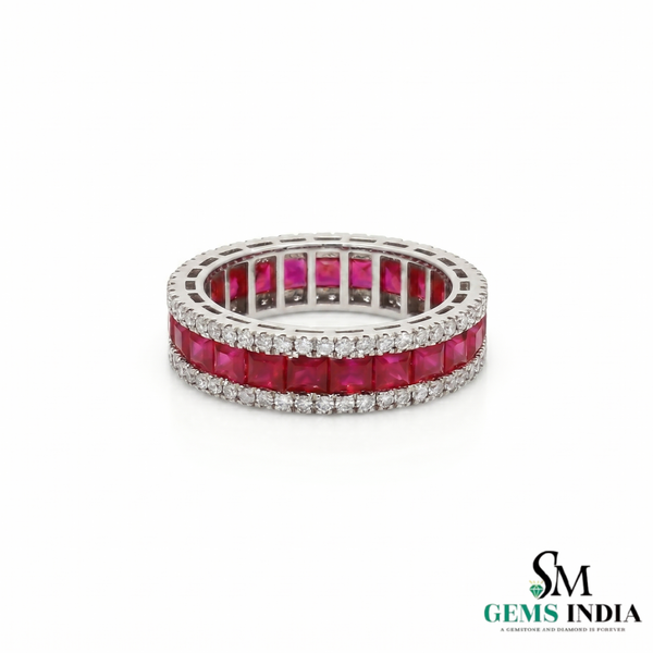 Princess Cut Ruby Eternity Ring with Diamond - Anniversary Gift Ring