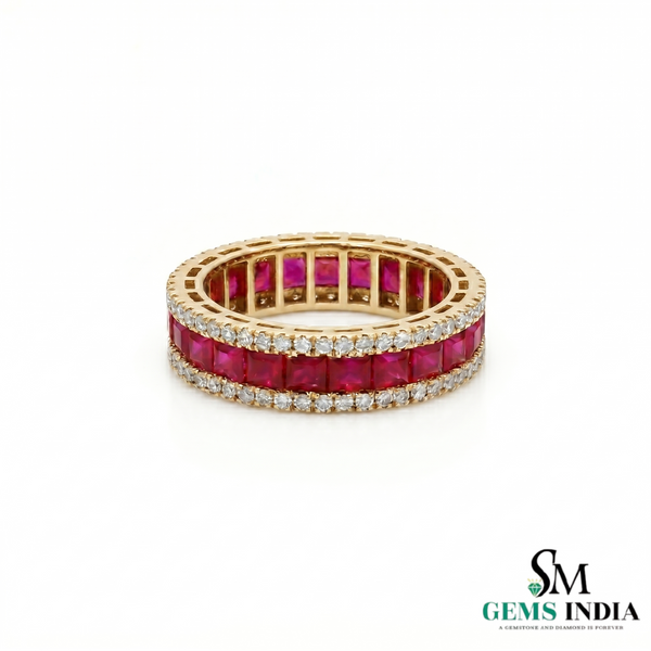 Princess Cut Ruby Eternity Ring with Diamond - Anniversary Gift Ring