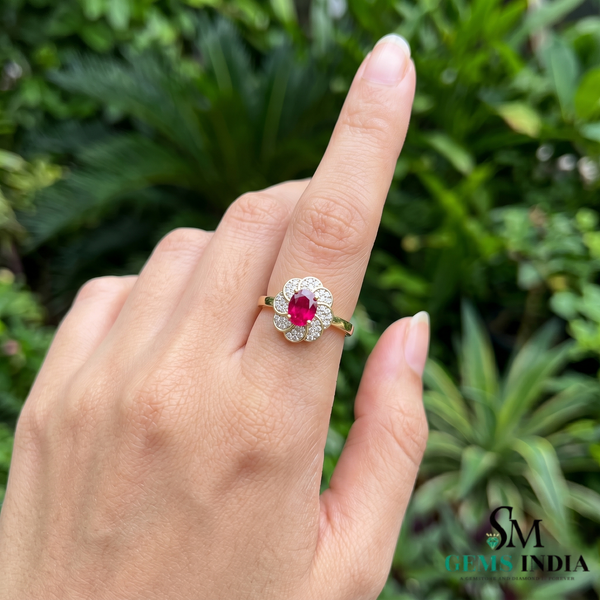 Oval Ruby Floral Halo Ring with Diamonds - Anniversary Gift for Her