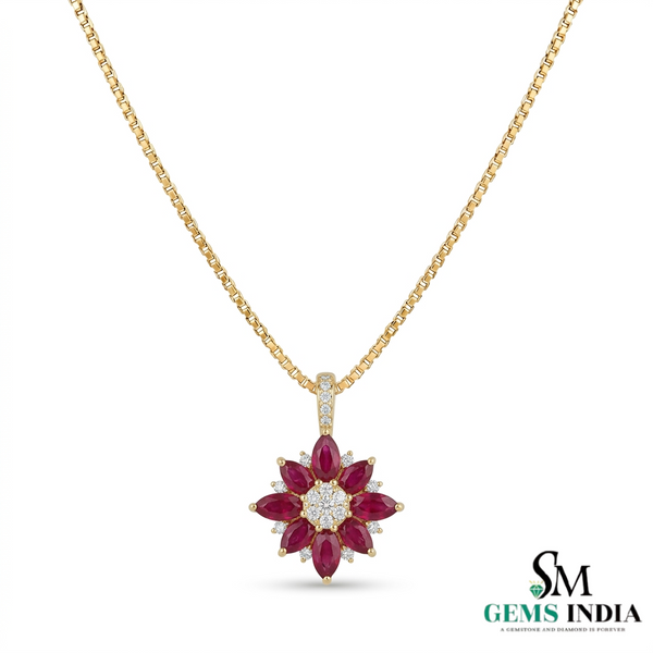 Marquise Ruby Floral Cluster Diamond Pendant Necklace - Fine Jewelry Necklace