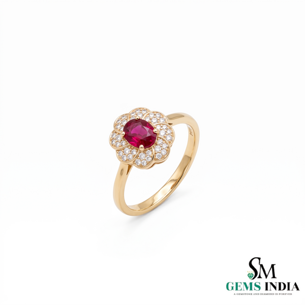 Oval Ruby Floral Halo Ring with Diamonds - Anniversary Gift for Her
