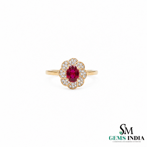 Oval Ruby Floral Halo Ring with Diamonds - Anniversary Gift for Her