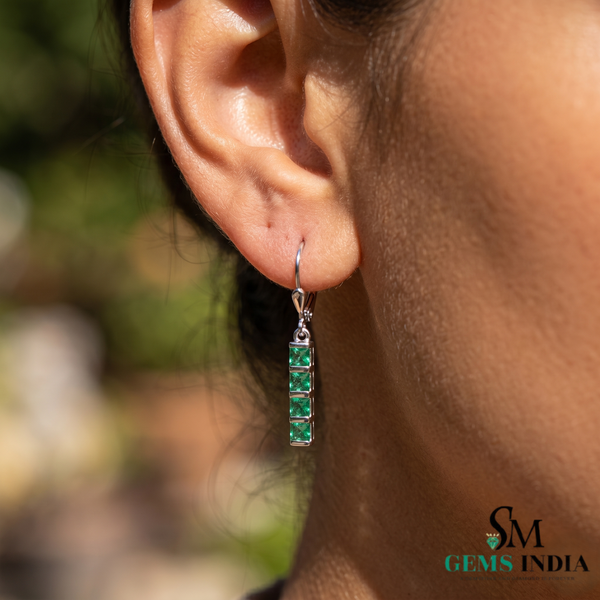 Princess Cut Emerald Dangle Earrings - Minimalist Green Gemstone Jewelry