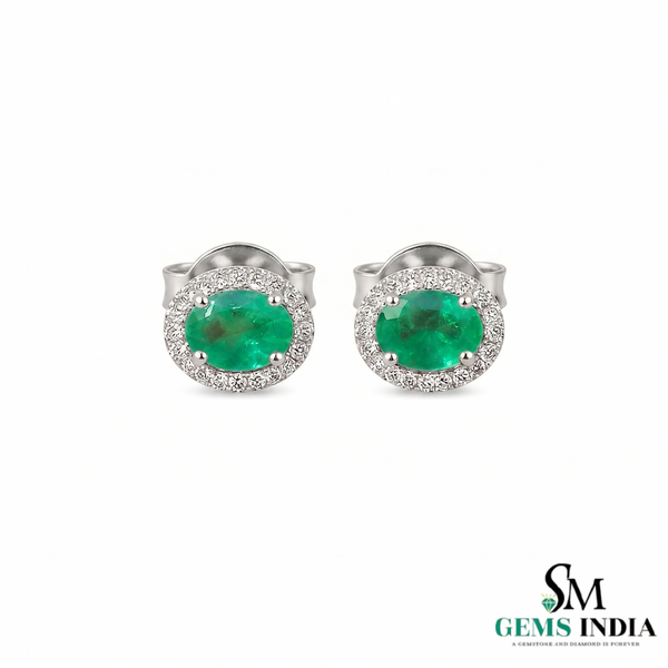Oval Natural Emerald &amp; Diamond Halo Stud Earrings - Timeless Fine Jewelry