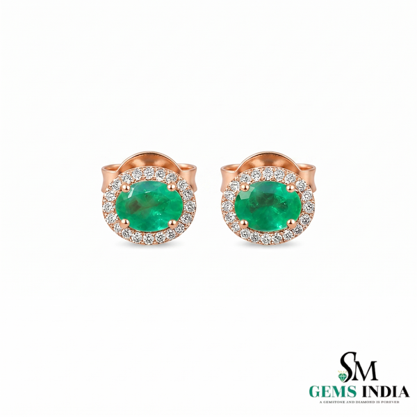 Oval Natural Emerald &amp; Diamond Halo Stud Earrings - Timeless Fine Jewelry