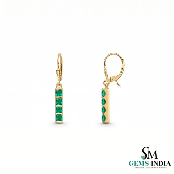 Princess Cut Emerald Dangle Earrings - Minimalist Green Gemstone Jewelry