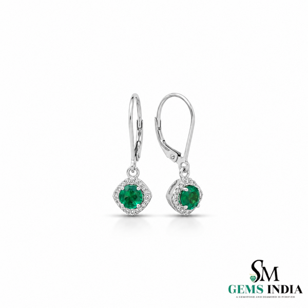 Natural Emerald & Diamond Drop Earrings - Round Halo Dangle Earrings