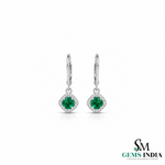 Natural Emerald & Diamond Drop Earrings - Round Halo Dangle Earrings