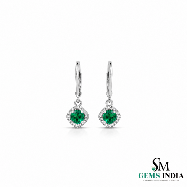 Natural Emerald & Diamond Drop Earrings - Round Halo Dangle Earrings