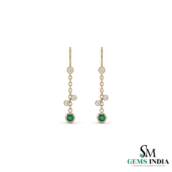 Round Natural Emerald &amp; Diamond Drop Earrings - Gift for Women
