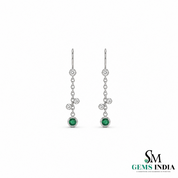 Round Natural Emerald &amp; Diamond Drop Earrings - Gift for Women