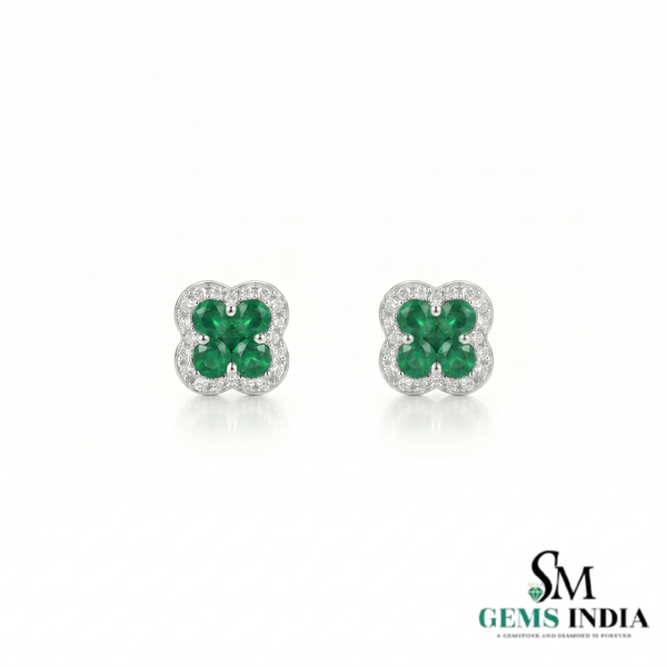 Round And Square Emerald Halo Stud Earrings - Emerald & Diamond Clover Earrings