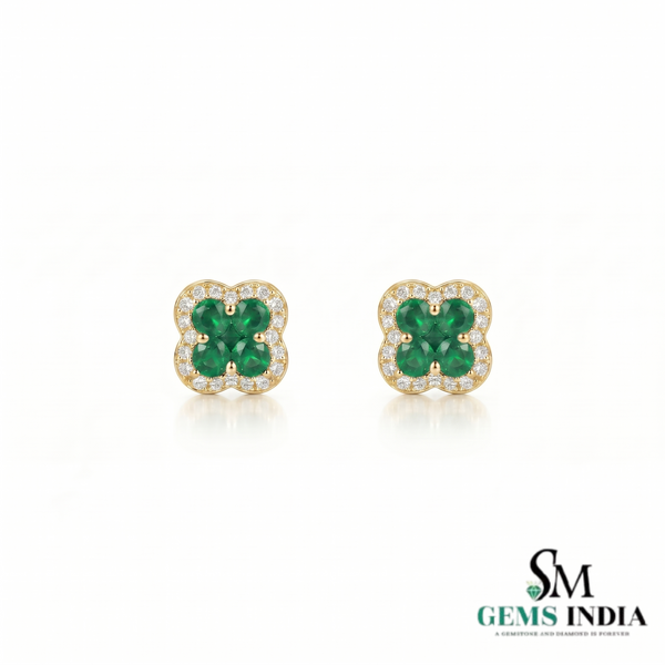Round And Square Emerald Halo Stud Earrings - Emerald & Diamond Clover Earrings