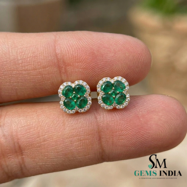 Natural Oval and Square Emerald Flower Cluster Earrings with Diamond Halo - Timeless Fine Jewelry Gift