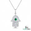 Hamsa Hand Pendant with Emerald Center Stone and Diamond - Green Gemstone Jewelry