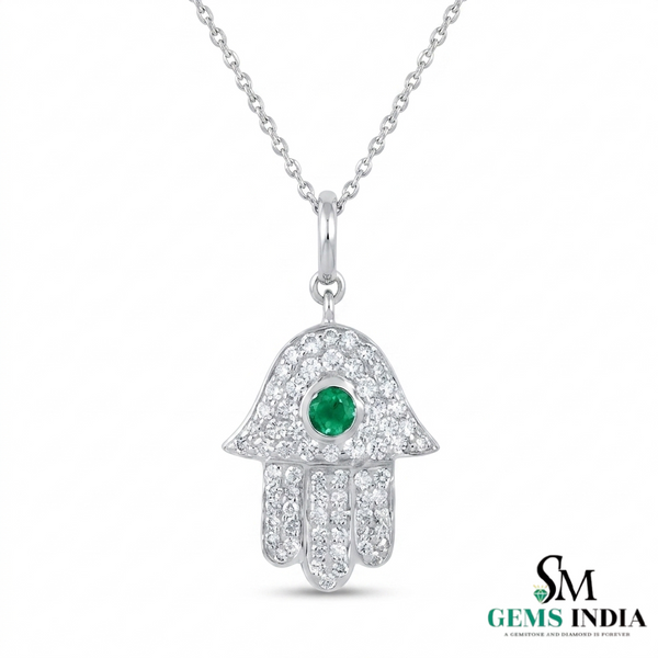 Hamsa Hand Pendant with Emerald Center Stone and Diamond - Green Gemstone Jewelry