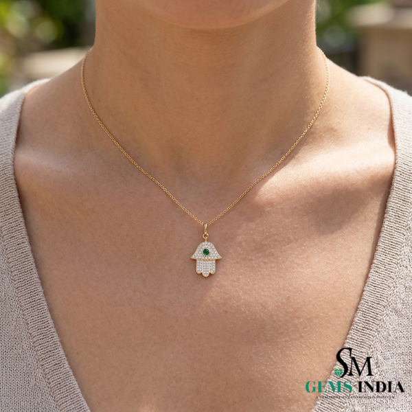Hamsa Hand Pendant with Emerald Center Stone and Diamond - Green Gemstone Jewelry