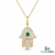 Hamsa Hand Pendant with Emerald Center Stone and Diamond - Green Gemstone Jewelry