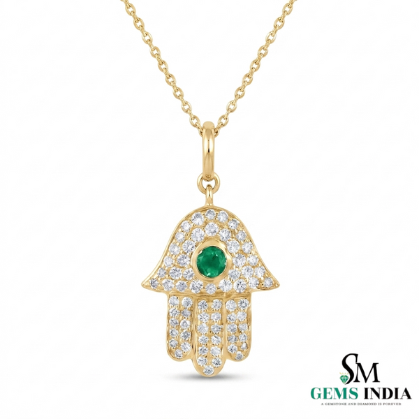 Hamsa Hand Pendant with Emerald Center Stone and Diamond - Green Gemstone Jewelry