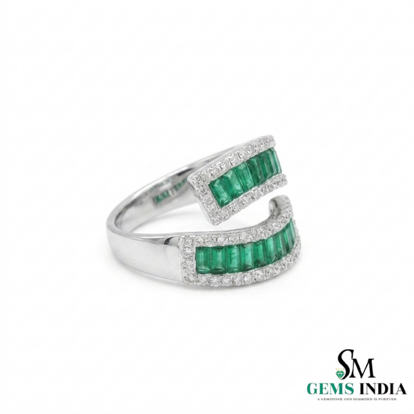 Curved Emerald Baguette & Diamond Wrap Ring - Double Row Emerald Band Statement Ring