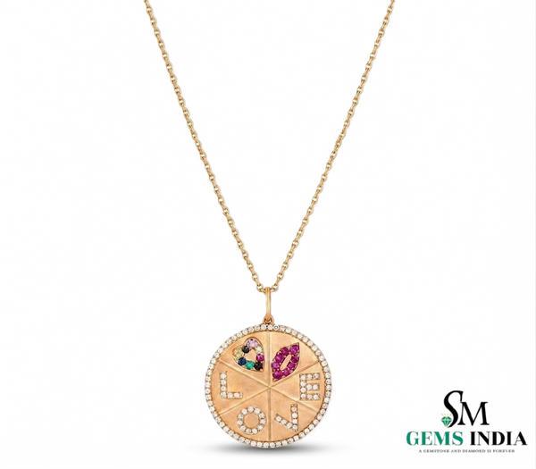 Multicolor Gemstone Heart Disc Charm Fine Jewelry - Diamond LOVE Medallion Pendant