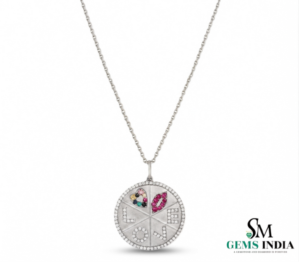 Multicolor Gemstone Heart Disc Charm Fine Jewelry - Diamond LOVE Medallion Pendant