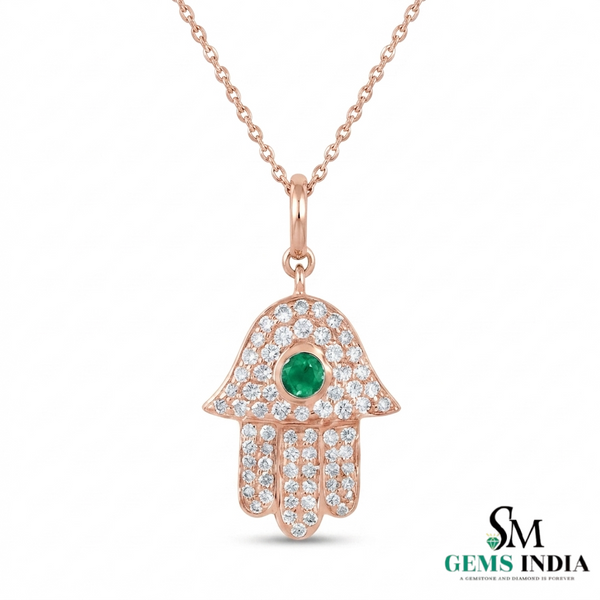 Hamsa Hand Pendant with Emerald Center Stone and Diamond - Green Gemstone Jewelry