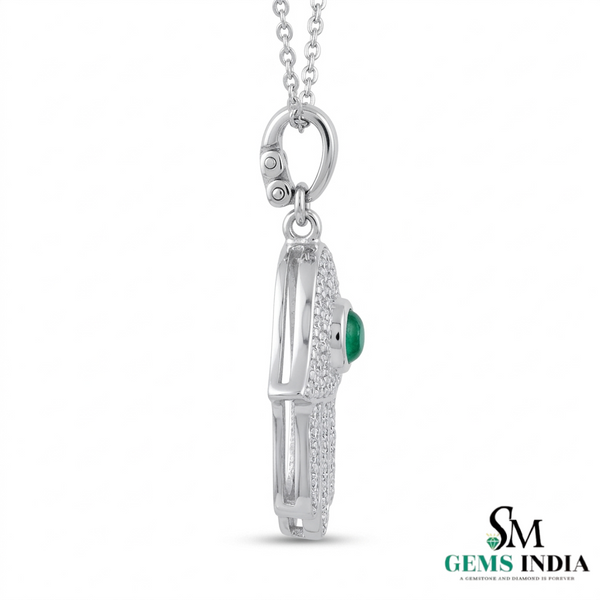 Hamsa Hand Pendant with Emerald Center Stone and Diamond - Green Gemstone Jewelry
