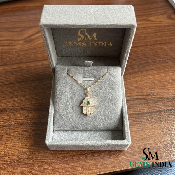 Hamsa Hand Pendant with Emerald Center Stone and Diamond - Green Gemstone Jewelry