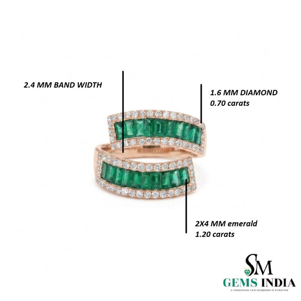 Curved Emerald Baguette & Diamond Wrap Ring - Double Row Emerald Band Statement Ring