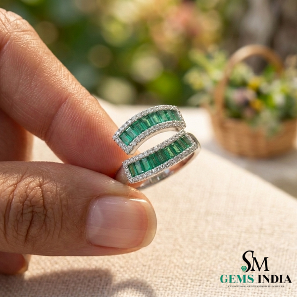Curved Emerald Baguette & Diamond Wrap Ring - Double Row Emerald Band Statement Ring