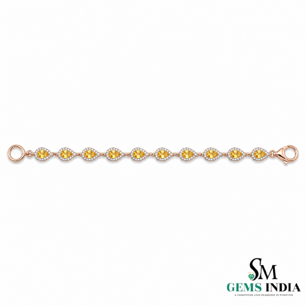 Natural Pear Cut Citrine & Diamond Halo Tennis Bracelet - November Birthstone Jewelry