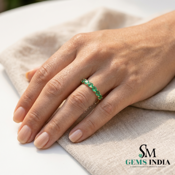 Natural Oval Emerald Wedding Band for Women - Green Gemstone Jewelry