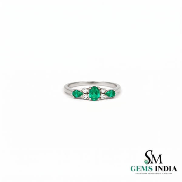 Oval and Pear Emerald Engagement Ring with Diamond Halo Accents