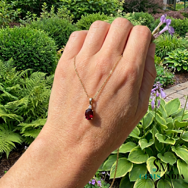 Romantic Oval Ruby and Diamond Pendant Necklace - Anniversary Gift for Her