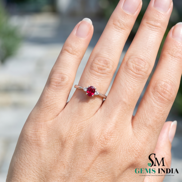 Minimalist Oval Ruby Ring with Diamond Side Stones – Timeless Elegant Style